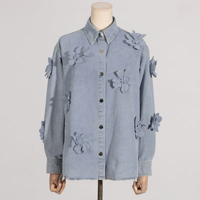 Blusa Denim con Flores 3D - Estilo Minimalista para Verano - Image 3