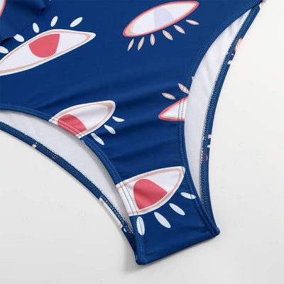 Navy blue mesh sarong with a white and red abstract eye pattern, featuring a tie-front waist and ruffled maxi hem. - Image 15