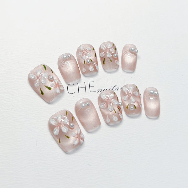 Uñas Postizas de Lujo Perla Floral - Diseño Personalizado Artesanal