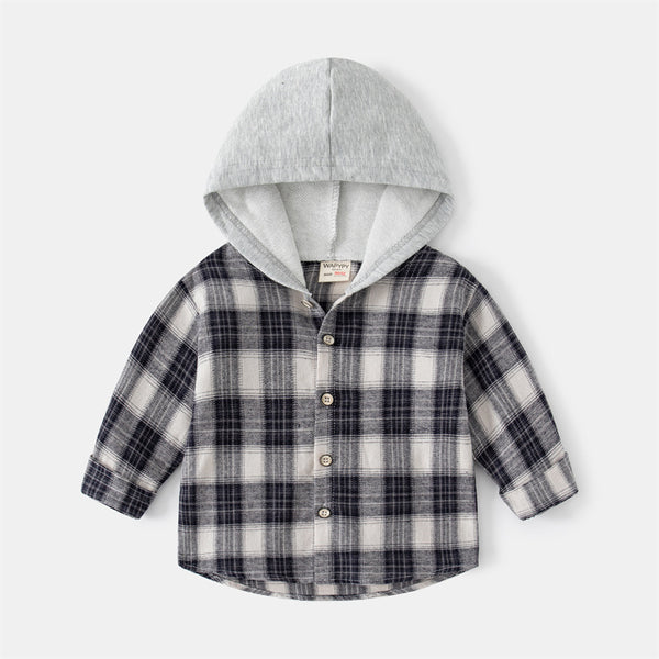 Camisa Infantil Coreana a Cuadros con Capucha - Manga Larga Trendy - Image 4
