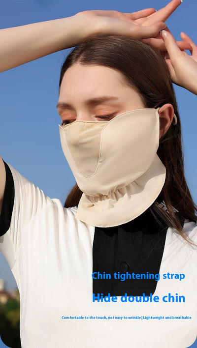 Pink chiffon sun mask with ear hooks, ruffled bottom, and mesh panel for UV protection. - Image 8