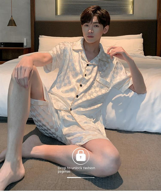 Pijama Hombre Verano Seda Hielo Talla Grande Manga Corta Jacquard Suave - Image 19