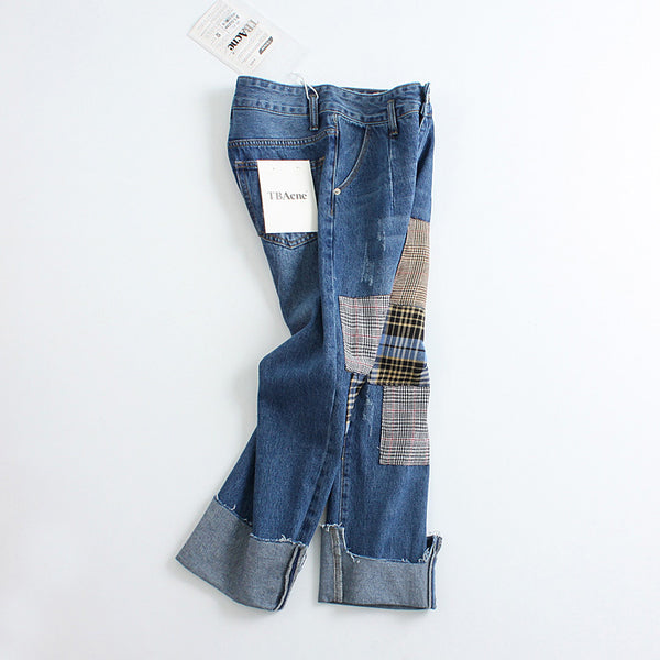 Pantalón Ancho de Cintura Alta con Detalles de Costuras y Rotos Irregulares