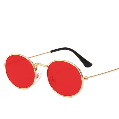 Retro round frame sunglasses with gold metal frames, black lenses, and black temple tips on a white background. - Image 5