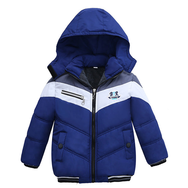 Boys' black, red, and white hooded padded jacket with chevron pattern, full zipper, and "BTR BOYS" logo.