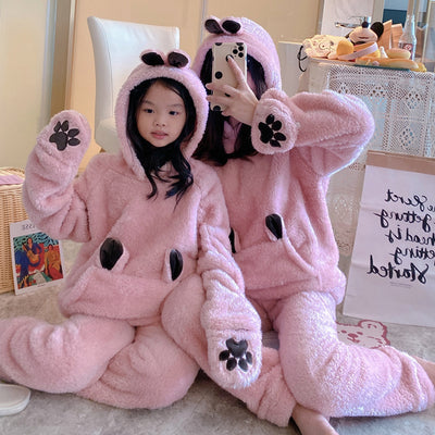 Parent and child wearing matching gray coral fleece hooded homewear sets with animal ears and paw print details. - Image 10