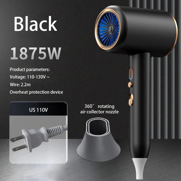 Gray professional hair dryer with a blue fan, 1875W, shown with a US 110V plug and a rotating air collector nozzle. - Image 8