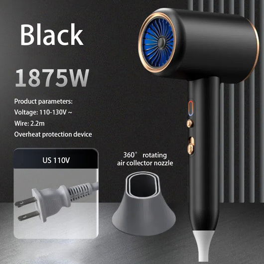 Gray professional hair dryer with a blue fan, 1875W, shown with a US 110V plug and a rotating air collector nozzle. - Image 8