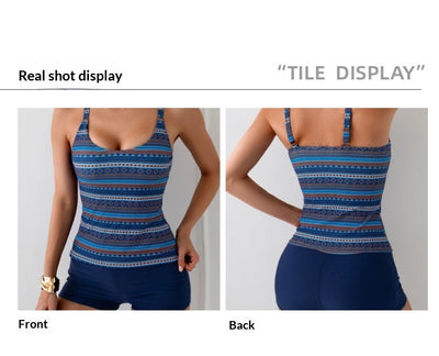 Women's conservative striped and geometric patterned tankini top with navy boy shorts swimsuit. - Image 6