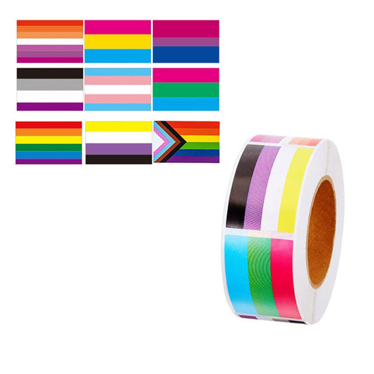 Roll of heart-shaped stickers featuring the Progress Pride flag design with rainbow and chevron stripes. - Image 12