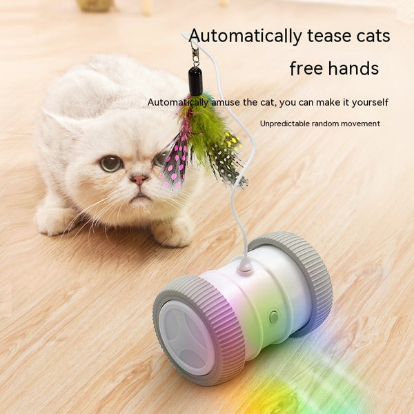 Automatic cat teasing toy with a white roller base and gray wheels, featuring a colorful feather attachment.