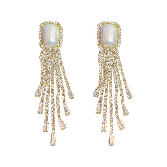 Aretes Largos de Perlas y Diamantes Completos con Borlas Exageradas - Image 2