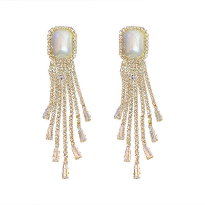 Aretes Largos de Perlas y Diamantes Completos con Borlas Exageradas - Image 2