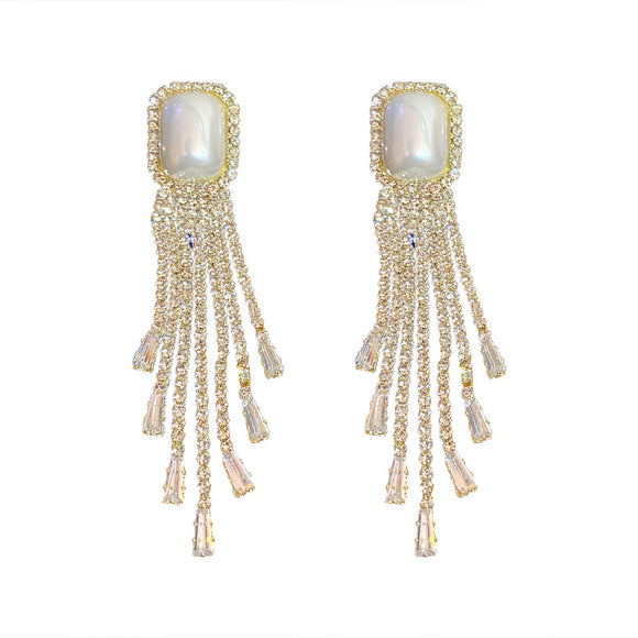 Aretes Largos de Perlas y Diamantes Completos con Borlas Exageradas