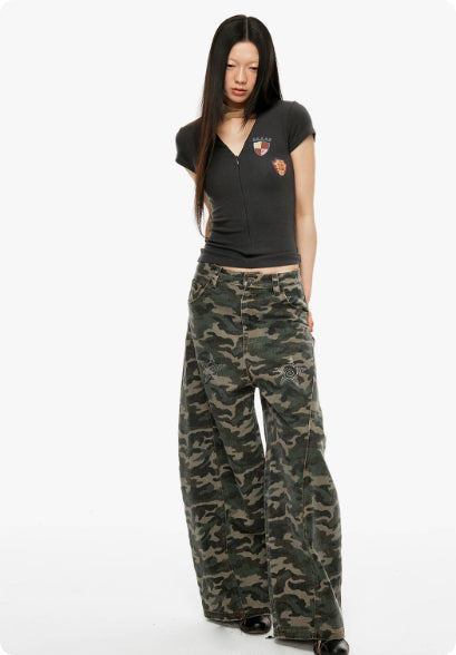 Jeans Camouflage Retro Americano para Mujer con Diamantes Termofijados