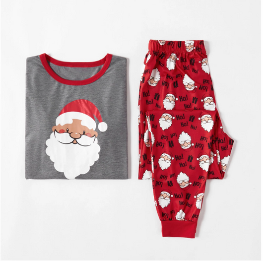 Children's grey and red long-sleeve pajama set with Santa Claus graphic on top and repeating Santa pattern on pants. - Image 6