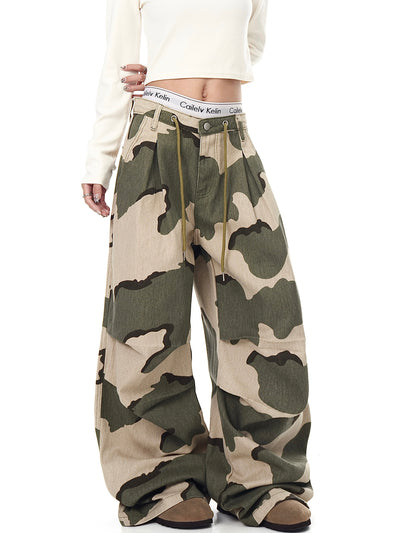 Pantalones Overol Camuflaje Plisados con Cordón - Corte Recto Ancho y Suelto - Image 12