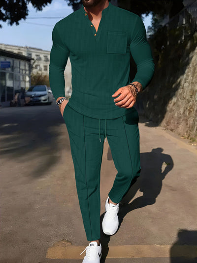 Conjunto Casual de Pantalón y Camiseta Henley Texturizada de Manga Larga para Hombre - Image 11
