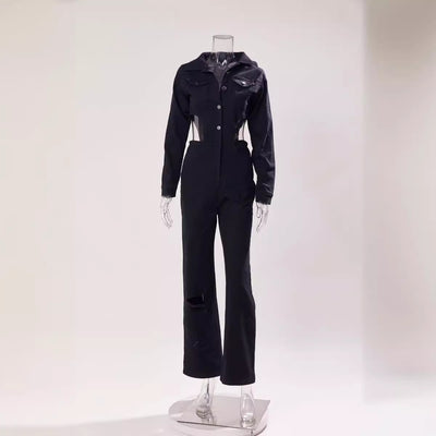 Jumpsuit Denim Casual con Diseño Hueco y Cintura Elástica - Image 4