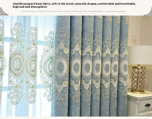 Blue sheer curtain with intricate gold and dark blue embroidery in a European classical style, draped over a window. - Image 15