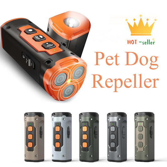 Black handheld ultrasonic dog deterrent device with three sonic emitters and an LED flashlight on a white background.