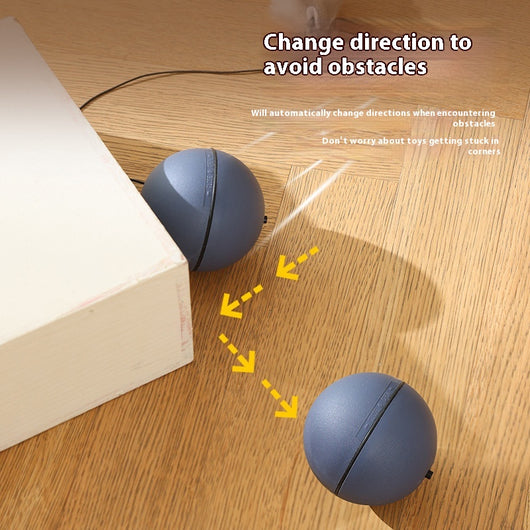 Blue and orange automatic pet toy ball with an attached plush mouse teaser featuring blue and orange fur and a light blue feather tail. - Image 4