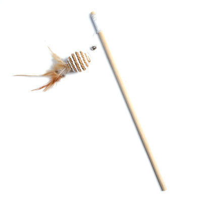 Cat teaser toy with a long wooden pole, a striped ball, brown feathers, and a small bell. - Image 12