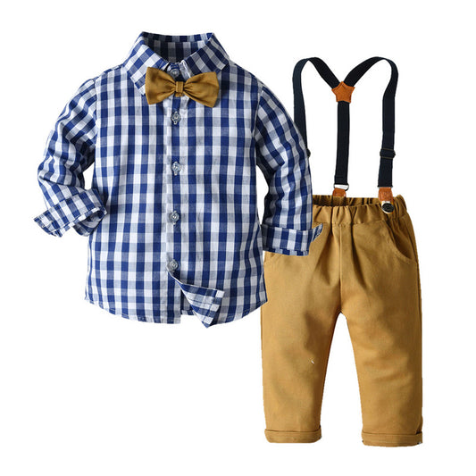 Conjunto Infantil Estilo Coreano: Camisa Cuadriculada de Algodón con Babero Desmontable