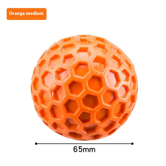 Red 65mm dog toy ball with a textured honeycomb surface, designed for vocalization, bite-resistance, and molar relief. - Image 10