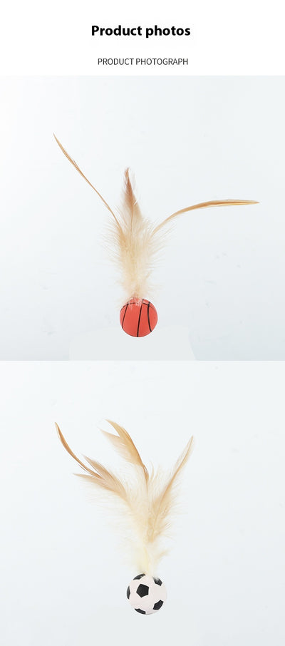 Three cat toys with pink balls and natural beige feathers, displayed on clear stands against a white background. - Image 24