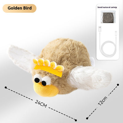 Plush electric bird cat toy with brown body, white wings, yellow beak, and googly eyes. Includes charging cable and catnip. - Image 6