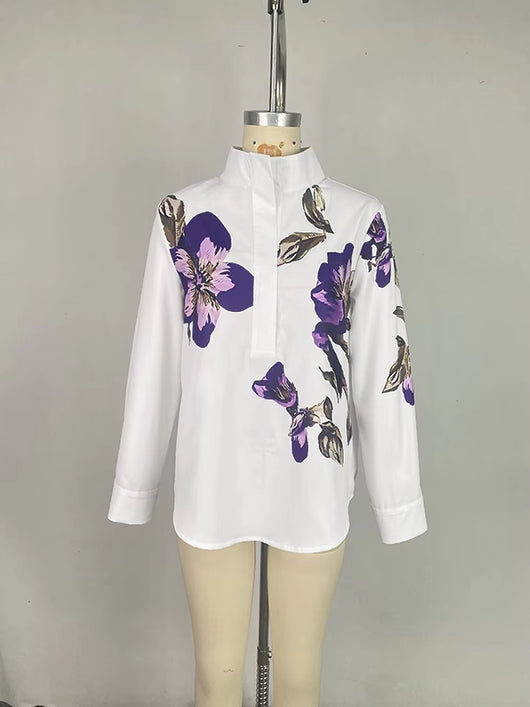 Camisa Suelta con Cuello de Pie y Estampado de Manga Larga - Image 3
