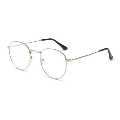 Black metal round frame anti-blue ray glasses with clear lenses, shown at an angle on a white background. - Image 7