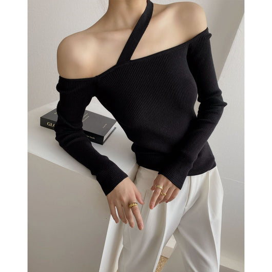 Suéter Tejido de Diseño Francés Elegante Hombros Descubiertos - Image 5
