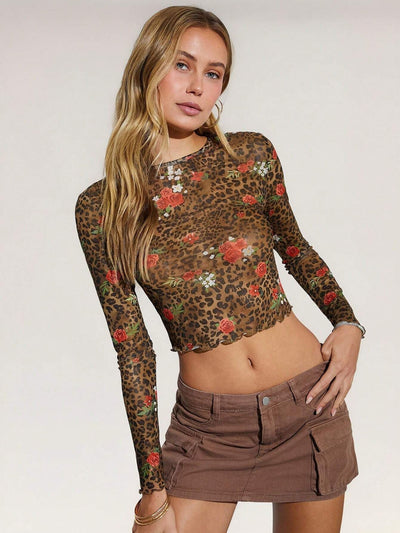Blusa Estampado Leopardo y Flores Malla Cuello Redondo Manga Larga - Image 9