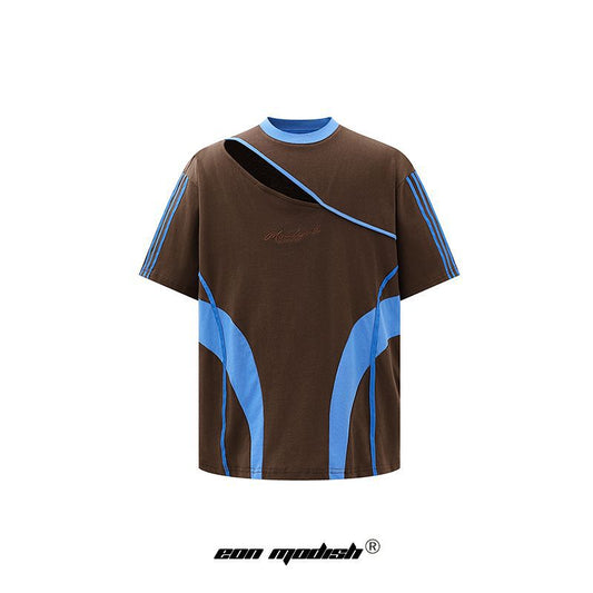 Camiseta Suelta de Manga Corta con Contraste de Colores Patchwork