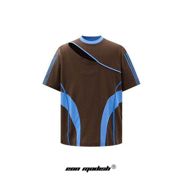 Camiseta Suelta de Manga Corta con Contraste de Colores Patchwork
