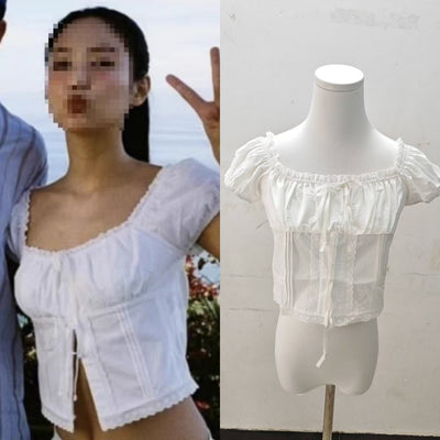 Blusa Corta de Encaje con Cuello Cuadrado y Lazada - Image 6