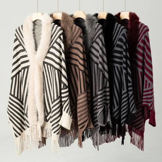 Poncho Tejido de Rayas Otoño Invierno con Flecos Elegante - Image 17