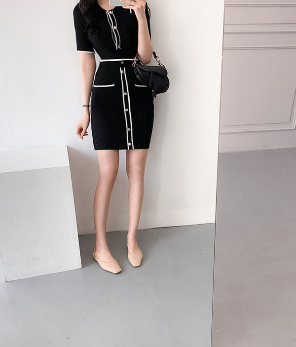Conjunto Elegante Falda A-Line: Suéter Polo Manga Corta + Falda Plisada