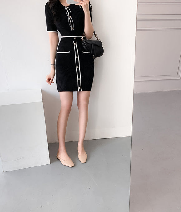 Conjunto Elegante Falda A-Line: Suéter Polo Manga Corta + Falda Plisada