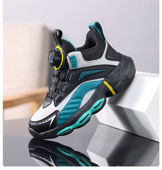 Black, white, and neon green children's basketball shoes with rotating buckle closure, featuring a mid-top design. - Image 18