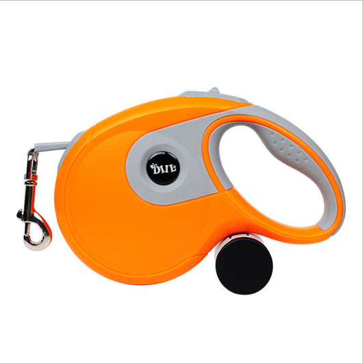 Blue and grey retractable dog leash with a black waste bag dispenser and a silver metal clip. - Image 15