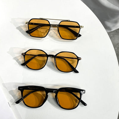 Black full-frame sunglasses with brown lenses, featuring a boxy style and visible dimensions. - Image 3