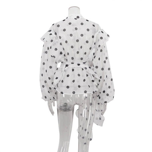 Blusa Elegante con Cuello Alto, Encaje y Lunares - Image 11