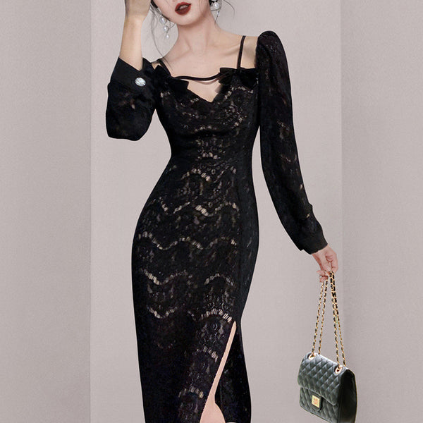 Falda Elegante con Escote V y Detalles de Encaje