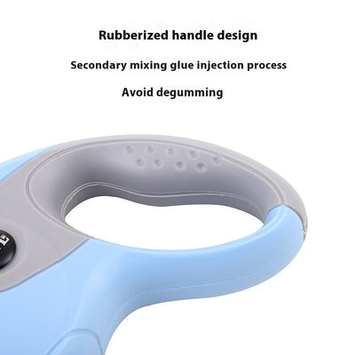 Blue and grey retractable dog leash with a black waste bag dispenser and a silver metal clip. - Image 3