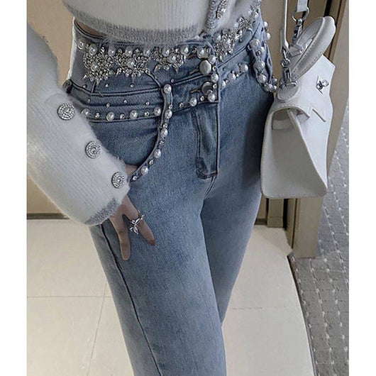 Jeans Talle Alto Abotonado con Detalles de Cuentas y Costuras en Lana - Image 9