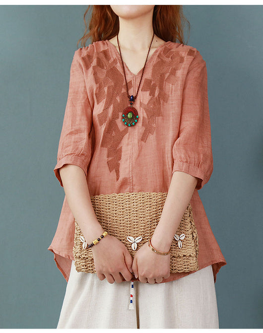 Blusa Larga Atrás Corta Adelante de Algodón y Lino con Bordado para Mujer - Image 22