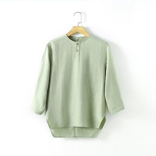Playera de Lino Hombre Cuello Redondo Manga 3/4 Suelta y Transpirable - Image 7
